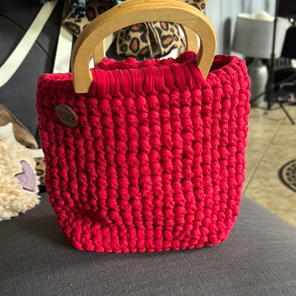 Charming Red Mini Bag with Wooden Handles